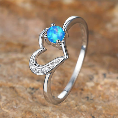 Olivenorma "Deep in Heart" - Simple Circular Opal Hollow Heart Ring