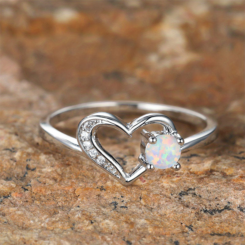 Olivenorma "Deep in Heart" - Simple Circular Opal Hollow Heart Ring