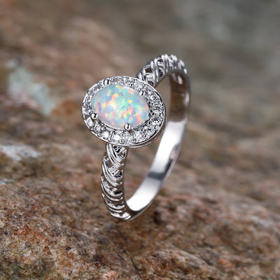 Olivenorma Oval Opal Trim Braided Rope Pattern Ring