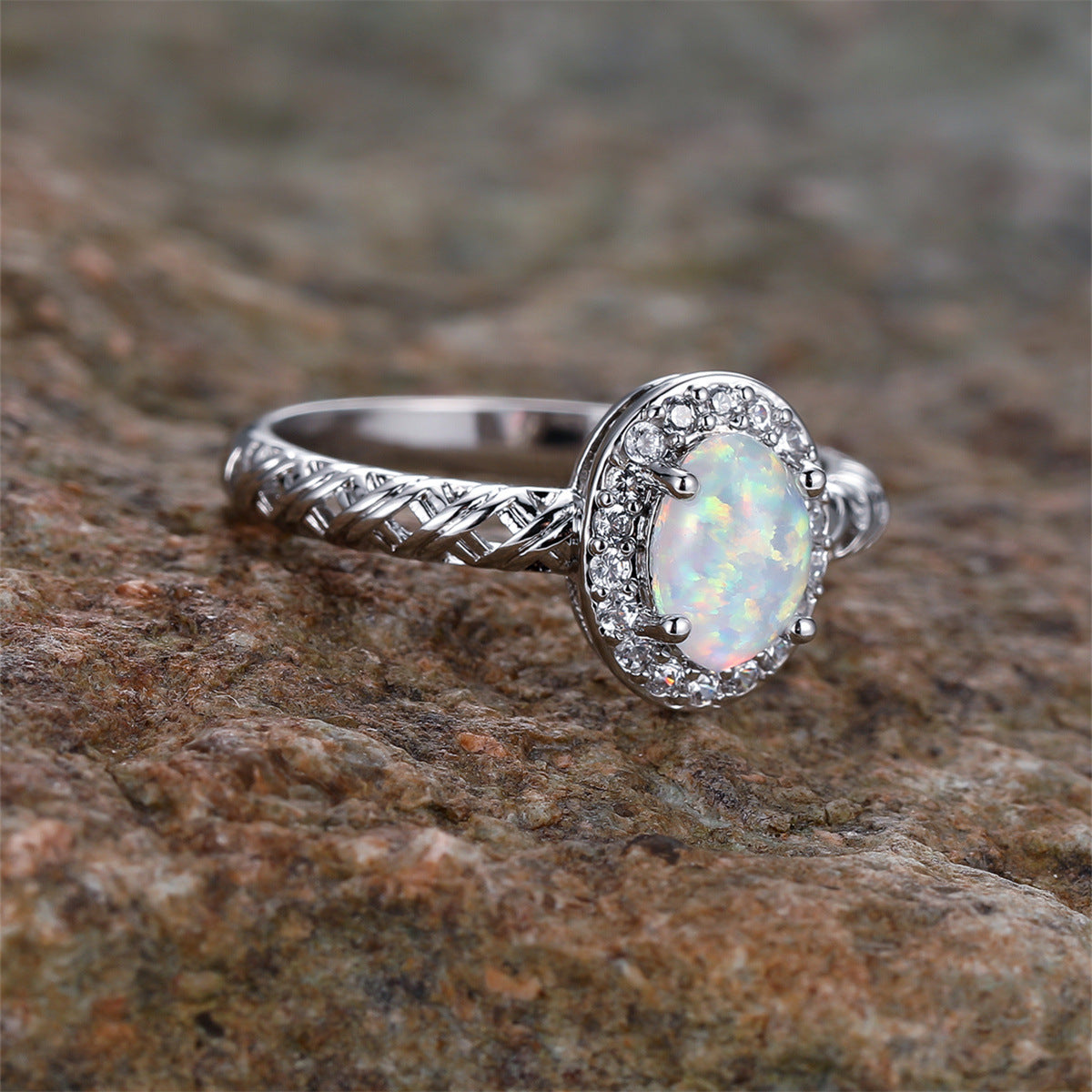 Olivenorma Oval Opal Trim Braided Rope Pattern Ring