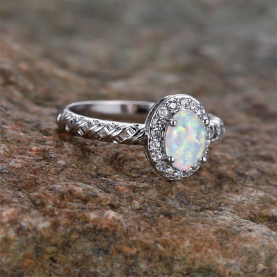 Olivenorma Oval Opal Trim Braided Rope Pattern Ring