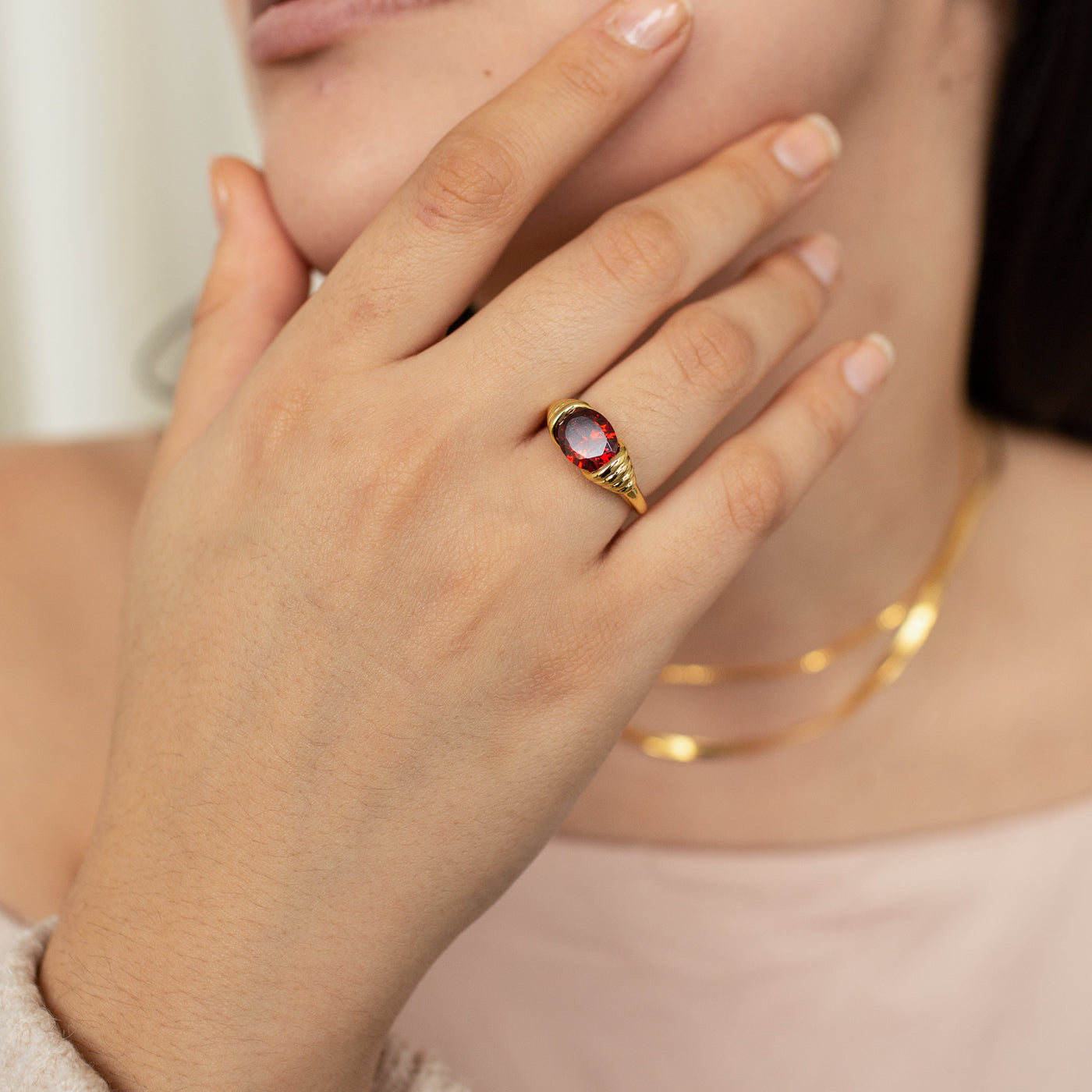 Olivenorma Ruby Quartz Gemstone Stainless Steel Ring