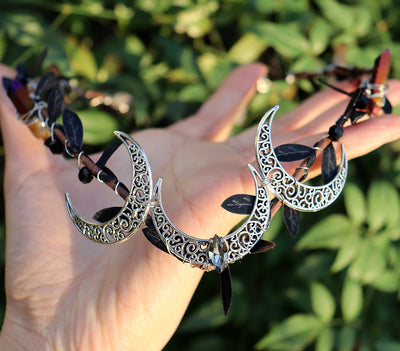 Olivenorma Natural Crystal Stone Wiccan Moon Wreath Crystal Crown - Obsidian&Silver Three Moon - image 2