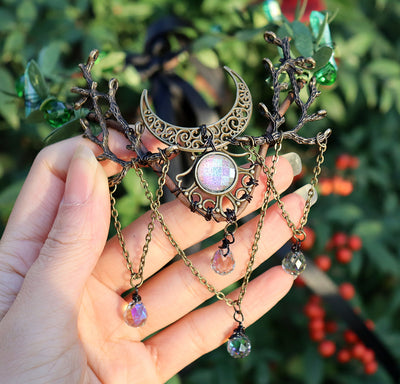 Olivenorma Natural Crystal Stone Wiccan Moon Wreath Crystal Crown - Green Fluorite&Bronze Moon Branch - image 12