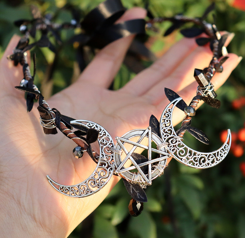 Olivenorma Natural Crystal Stone Wiccan Moon Wreath Crystal Crown - Obsidian&Pentagram Double Phase Moon - image 4