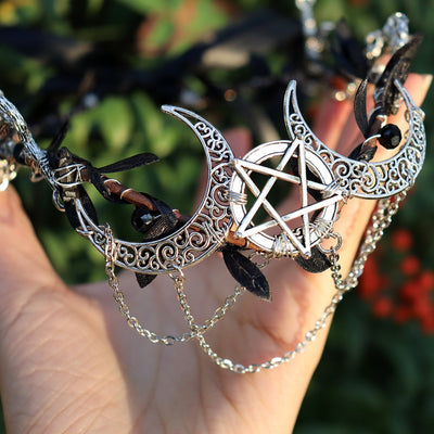Olivenorma Natural Crystal Stone Wiccan Moon Wreath Crystal Crown - Obsidian&Pentagram Double Moon Chain - image 0