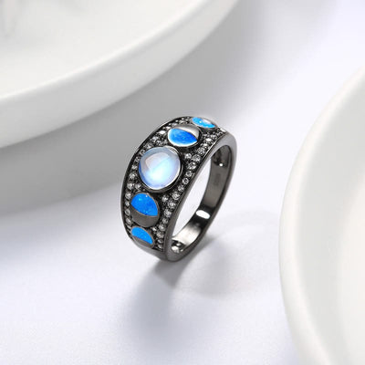 Olivenorma Moonstone Opal Wide Border Silver Black Ring