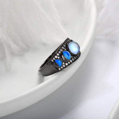 Olivenorma Moonstone Opal Wide Border Silver Black Ring