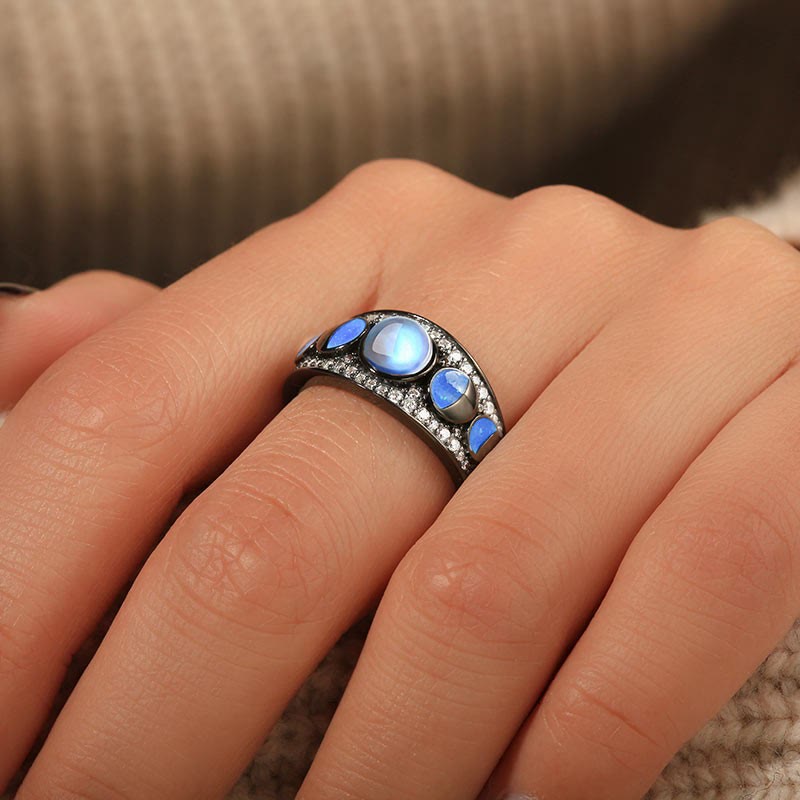 Olivenorma Moonstone Opal Wide Border Silver Black Ring