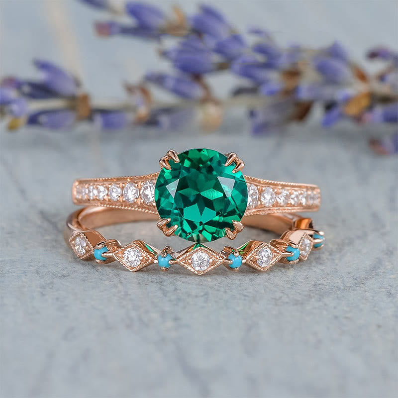 Olivenorma "Soul Nourishment" - Emerald with Turquoise 2PCS Ring Set