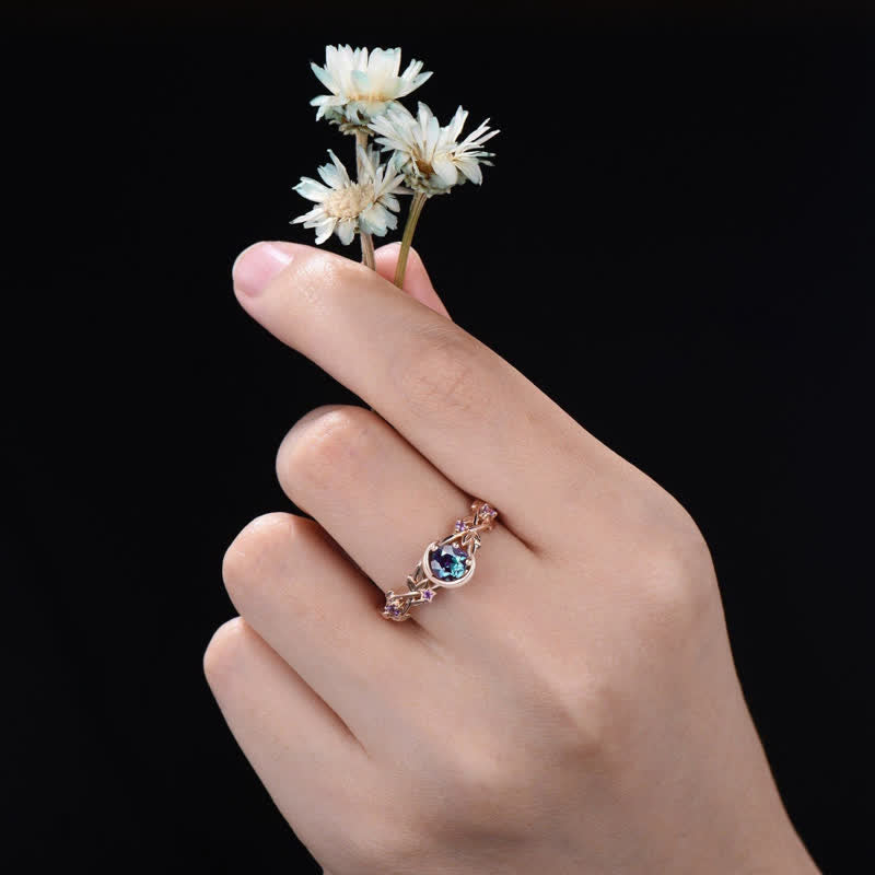 Olivenorma Moon Star Color-Change Alexandrite Branch Leaf Amethyst Engagement Ring