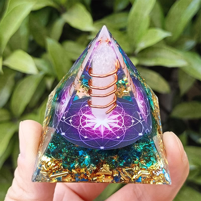 Olivenorma "The light of life" - White Crystal & Blue Glaze Orgone Pyramid