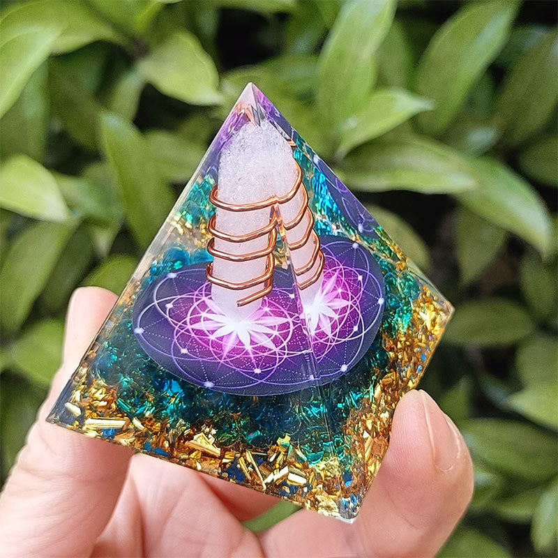 Olivenorma "The light of life" - White Crystal & Blue Glaze Orgone Pyramid