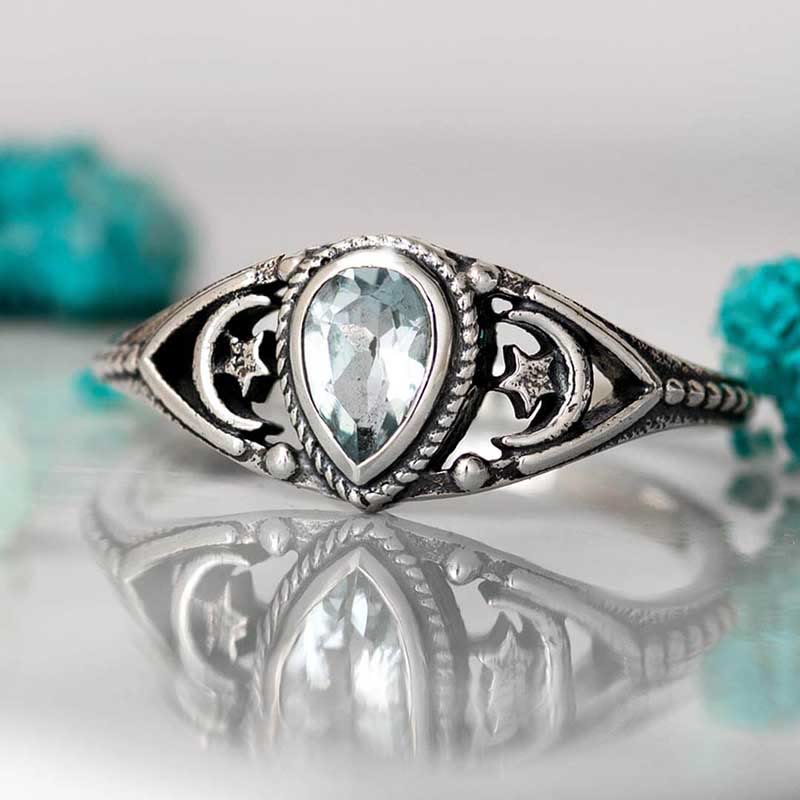 Olivenorma "Relaxing Calm" - Aquamarine Stars Moon Ring