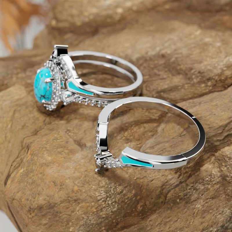 Olivenorma 3pcs Retro Blue Turquoise Engagement Ring Set