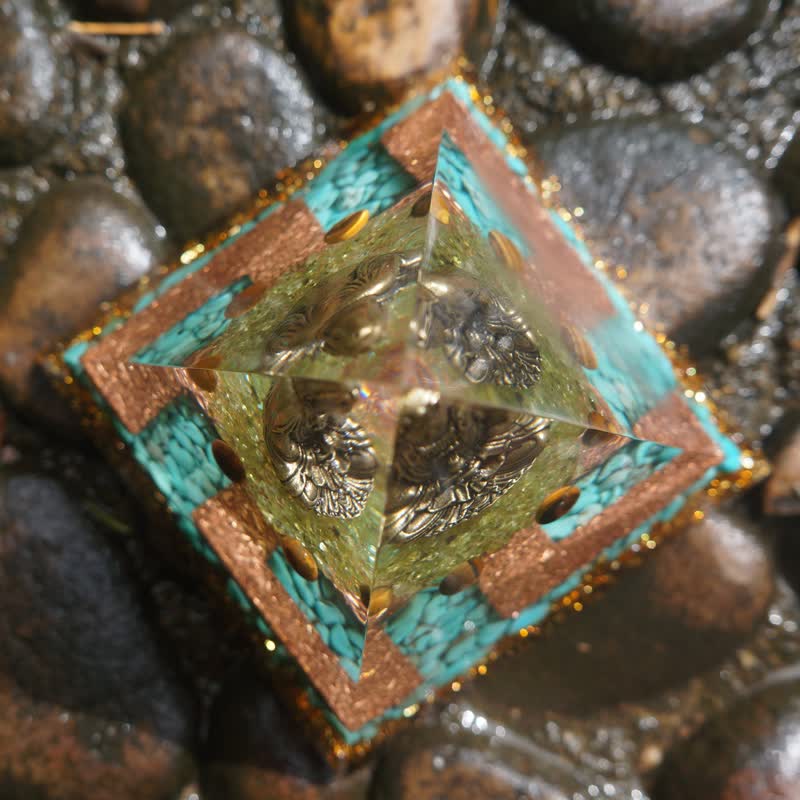 Olivenorma Tiger Eye Turquoise Peridot Buddha Orgone Pyramid