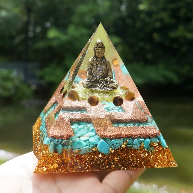 Olivenorma Tiger Eye Turquoise Peridot Buddha Orgone Pyramid