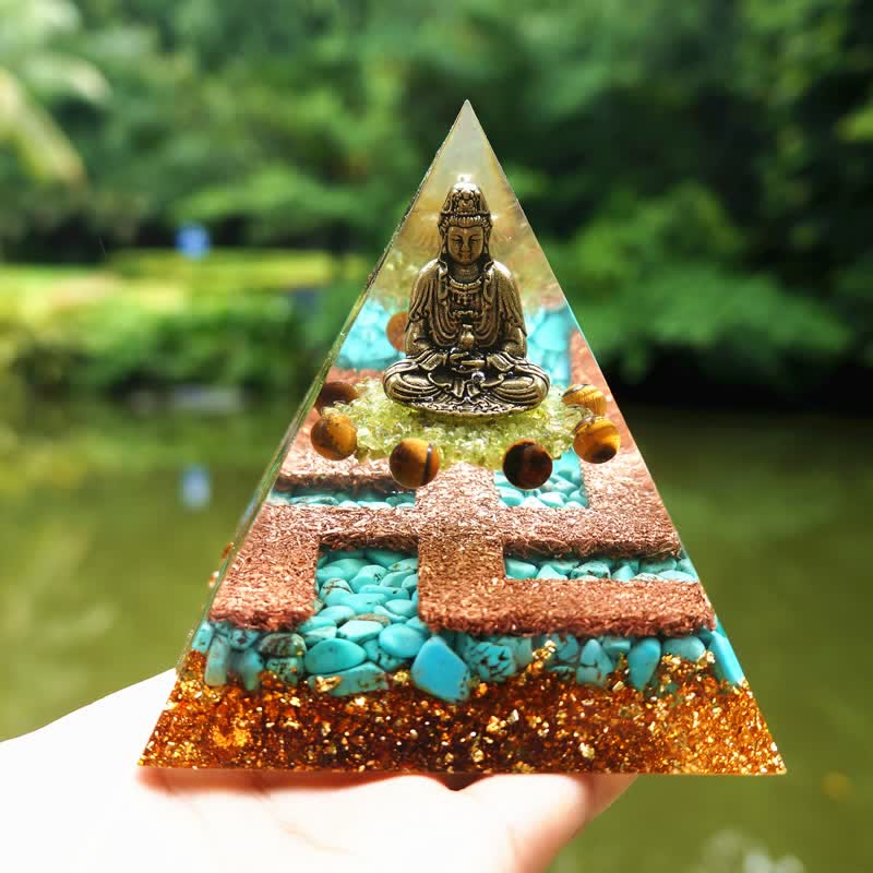 Olivenorma Tiger Eye Turquoise Peridot Buddha Orgone Pyramid