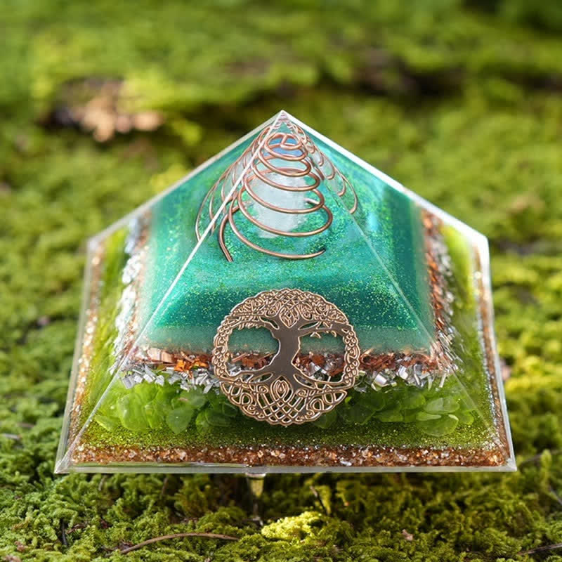 Olivenorma "Tree of Life" Clear Crystal Peridot Orgone Pyramid