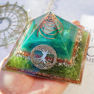 Olivenorma "Tree of Life" Clear Crystal Peridot Orgone Pyramid