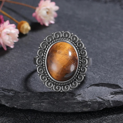 Olivenorma Oval Natural Stone Sunflower Carving Ring