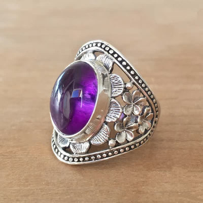 Olivenorma Natural Oval Amethyst Carved Hollow Flower Ring