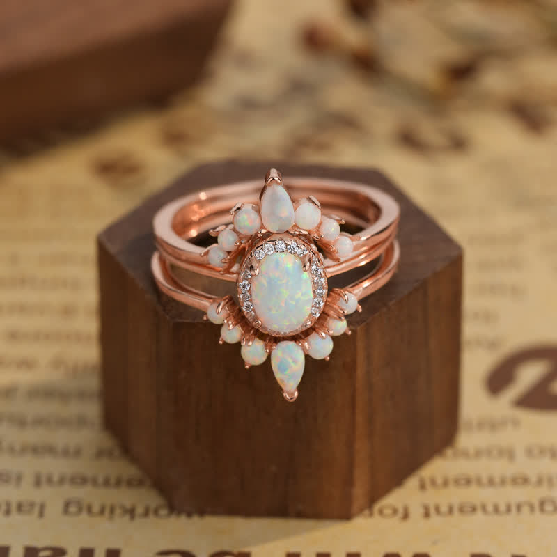 Olivenorma Natural Opal Triple Crown Design Ring Set