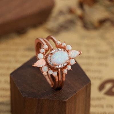 Olivenorma Natural Opal Triple Crown Design Ring Set