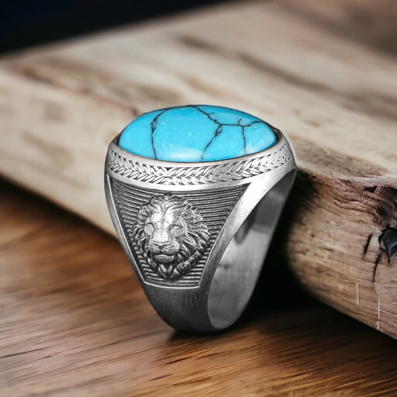 Olivenorma Oval Turquoise Winged Lion Silver Men's Ring