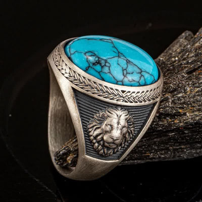 Olivenorma Oval Turquoise Winged Lion Silver Men's Ring