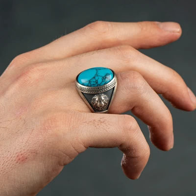 Olivenorma Oval Turquoise Winged Lion Silver Men's Ring