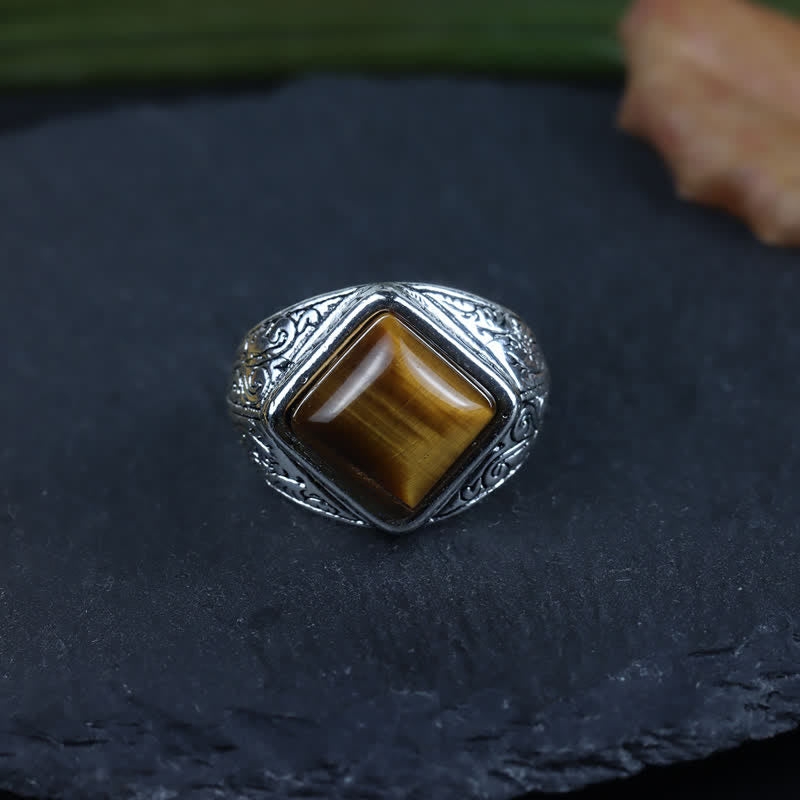 Olivenorma Natural Square Tiger Eye Silver Men Ring