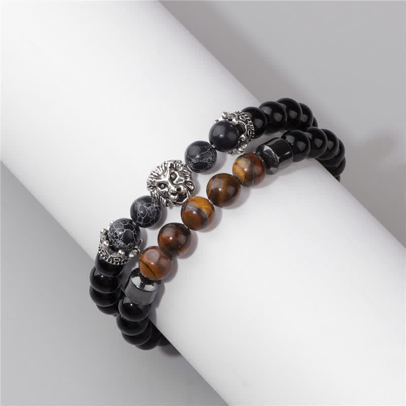 Olivenorma Obsidian Tiger Eye Stone Lion Head Beaded Bracelet