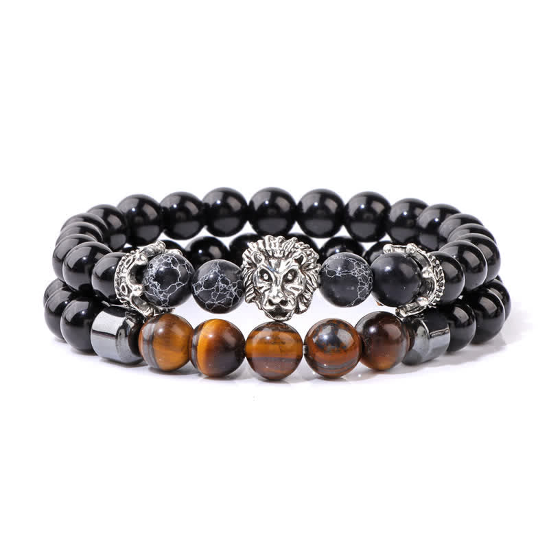 Olivenorma Obsidian Tiger Eye Stone Lion Head Beaded Bracelet