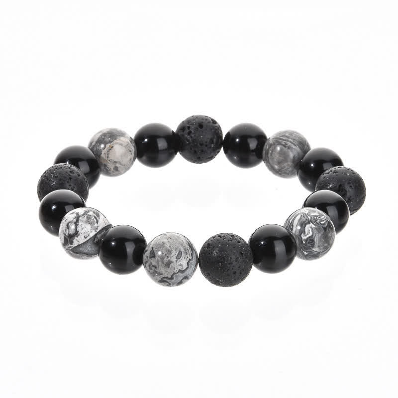 Olivenorma Grey Jasper Obsidian Lava Stone Beaded Bracelet