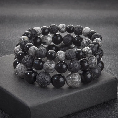 Olivenorma Grey Jasper Obsidian Lava Stone Beaded Bracelet