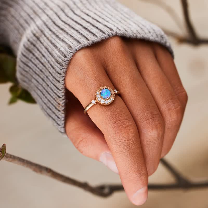 Olivenorma S925 Sterling Silver Opal Moon And Planet Ring