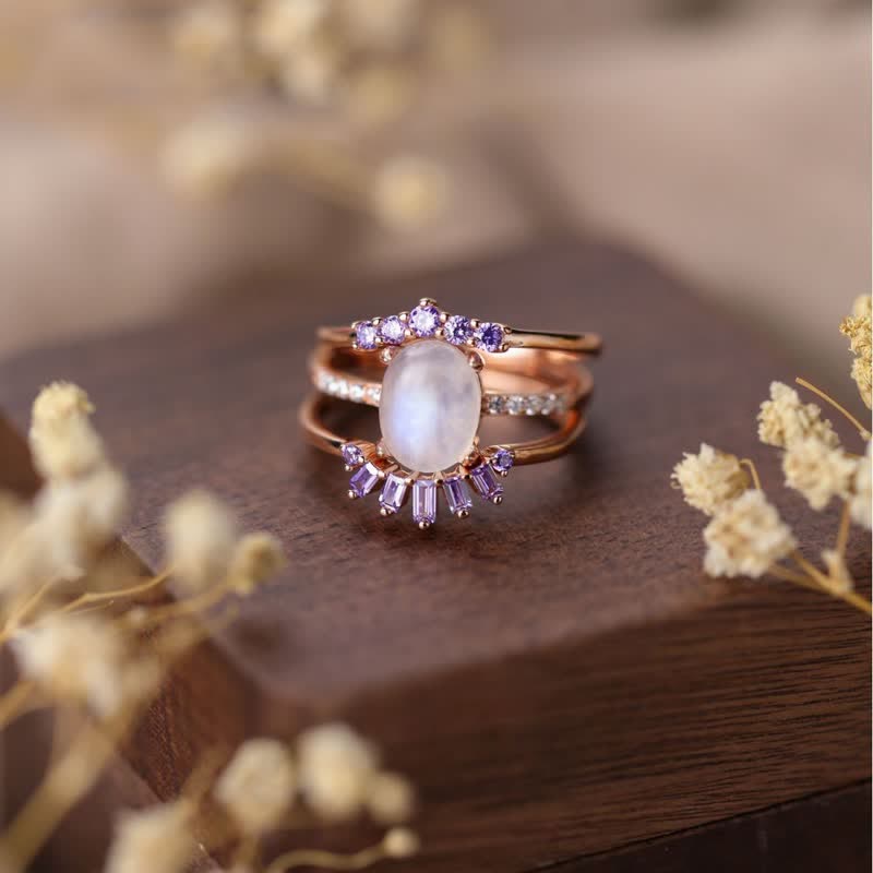 Olivenorma Natural Moonstone Purple Zircon Triple Ring