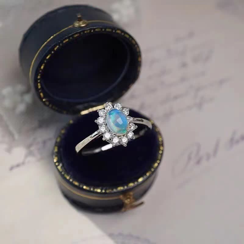 Olivenorma Natural Opal White Zircon Sunflower Silver Ring