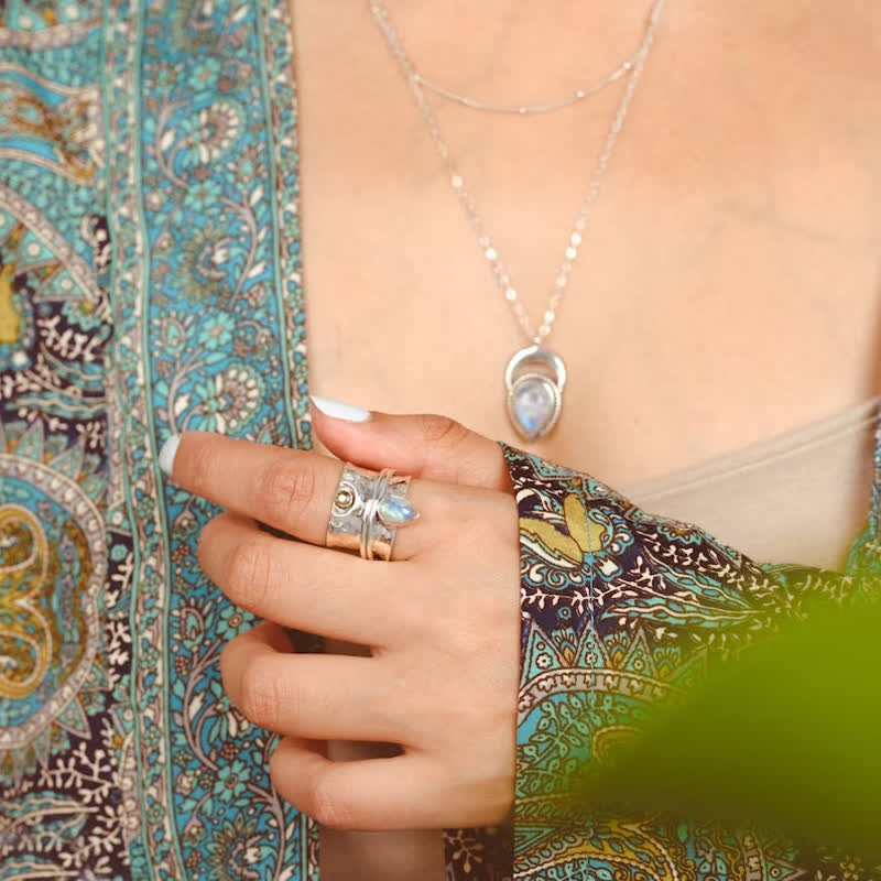 Olivenorma Bohemian Moonstone Star Moon Wide Face Ring