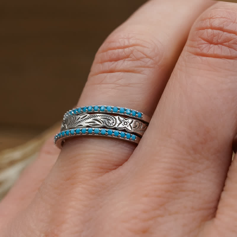 Olivenorma Natural Turquoise Engraved Silver Triple Layer Ring