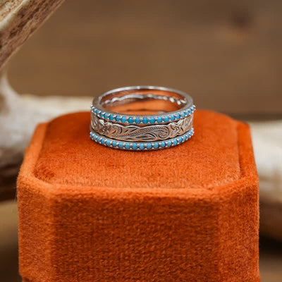 Olivenorma Natural Turquoise Engraved Silver Triple Layer Ring