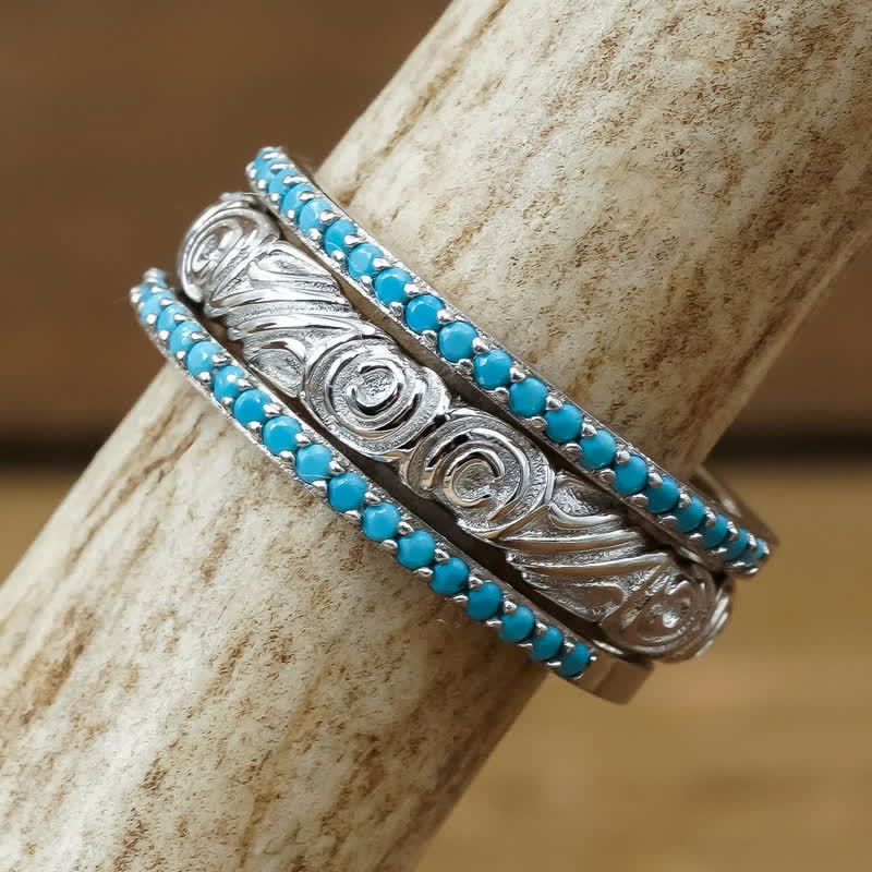 Olivenorma Natural Turquoise Engraved Silver Triple Layer Ring