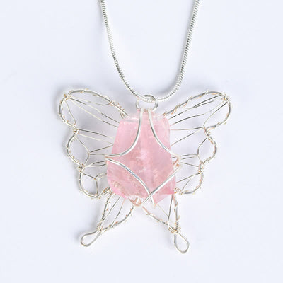 Olivenorma Natural Crystal Handwound Silver Wire Butterfly Pendant Necklace