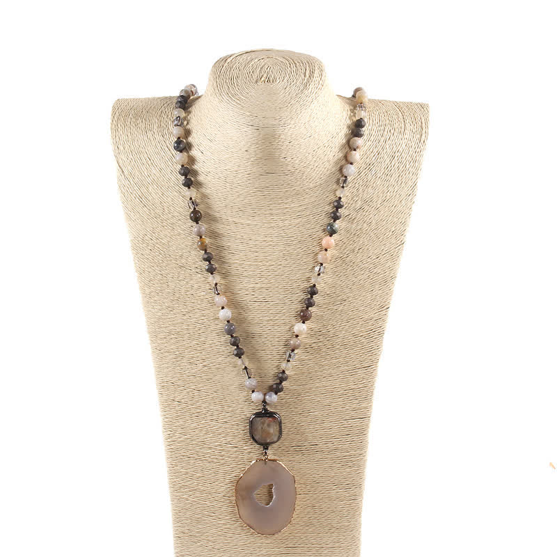 Olivenorma 8mm Beaded Bohemian Style Agate Pendant Necklace