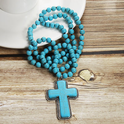 Olivenorma 8mm Blue White Turquoise Cross Pendant Necklace