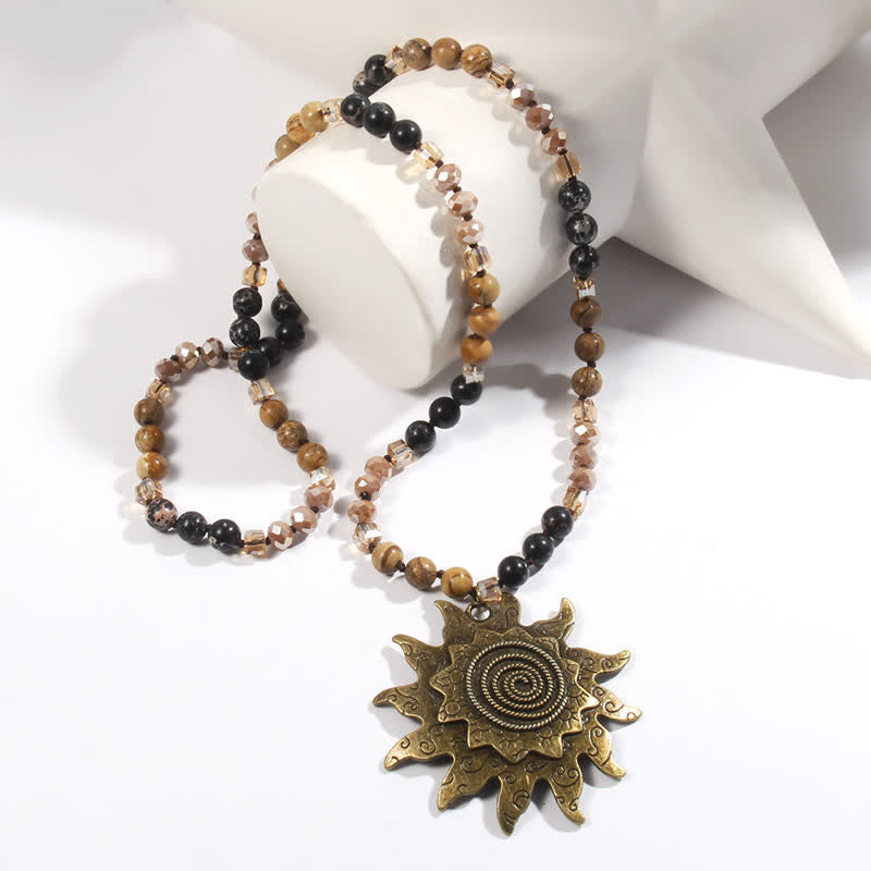 Olivenorma 8mm Natural Stone Beaded Sun Pendant Necklace