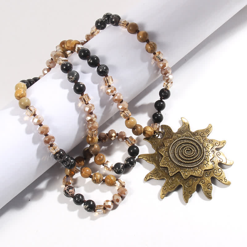 Olivenorma 8mm Natural Stone Beaded Sun Pendant Necklace