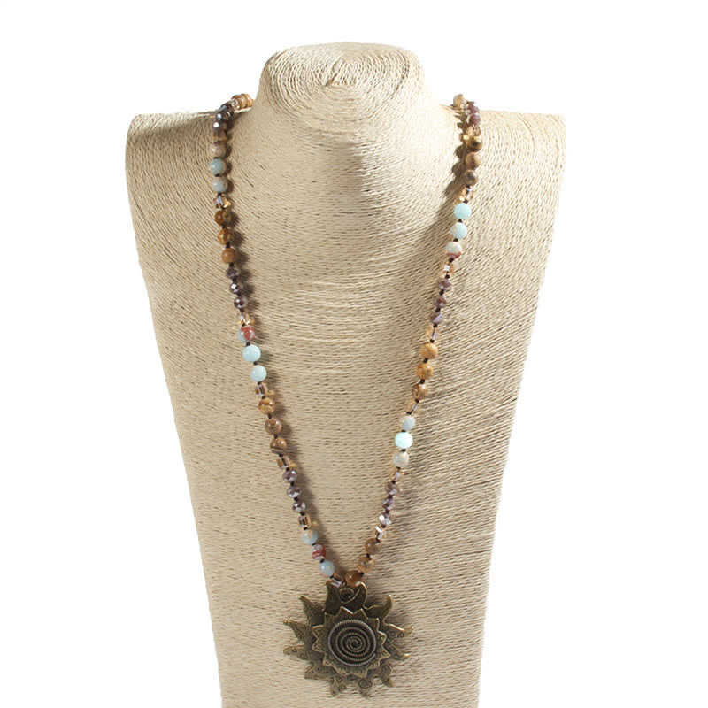 Olivenorma 8mm Natural Stone Beaded Sun Pendant Necklace