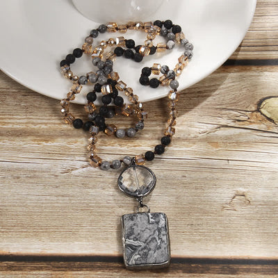 Olivenorma Natural Stone Beads Square Pendant Necklace